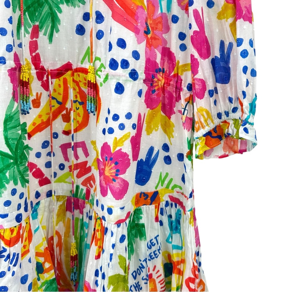 Farm Rio White Colorful Jungle Print Mini Dress w/ Waist Tie & Tassels sz L - Picture 4 of 10